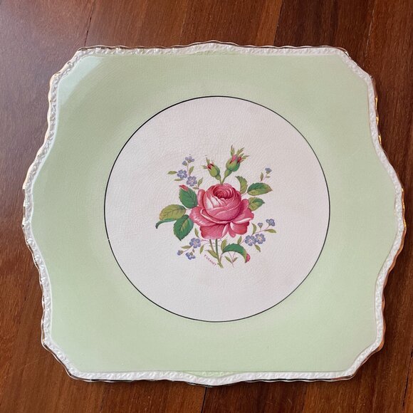 Myott Staffordshire Other - Vintage Myott Staffordshire China 2872 Square Plate - Green with Pink Rose